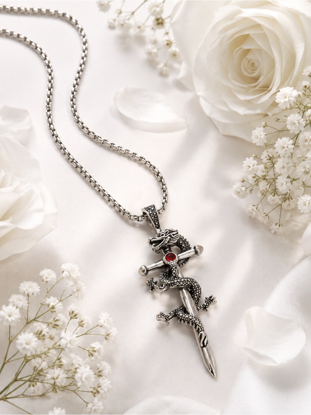 Sterling Silver Dragon Dagger Pendant Necklace - Silver
